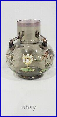 Inc. Hand Blown Antique Moser Art Glass Vase Enamel Painting Fish