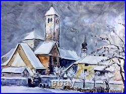 Italian Enamel Painting on Metal Signed Winter Landscape Village Scene Italy