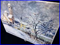Italian Enamel Painting on Metal Signed Winter Landscape Village Scene Italy