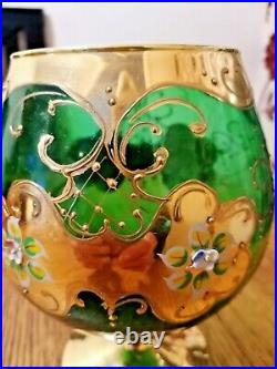 Italian Murano Art Glass Green Goblet Vase Hand Painted Enamel And Gold XL Size