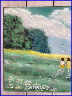 JEAN LUCEY ENAMEL ON COPPER PAINTING Siblings Children At Play County Landscape