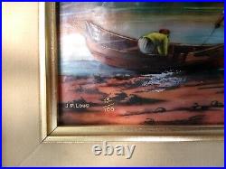 JP Loup Painting Limoges Enamel On Copper Fishing Village Gold Gilt Frame
