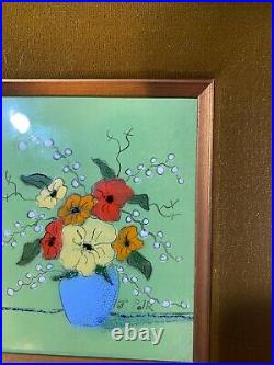 J Polk Still Life Vase Of Flowers Enamel On Copper Painting -Signed/Framed P15