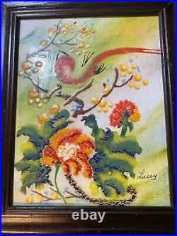 Jean Lucey Botanical Scene Enamel On Copper Painting Signed And Framed