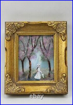 Jean Lucey Enamel on Copper Painting Girl in Forest With Parasol Gilt Frame