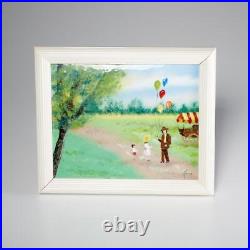 Jean Lucy Enamel on Copper Children Balloons Circus Park Painting 11.5x9.5