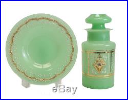 Jeweled Green Opaline Art Glass Jar Underplate c1920 hand painted raised enamel