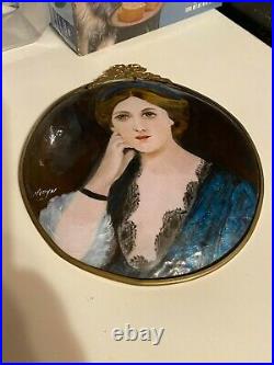 LARGE Limoges Type Enamel Portrait Plaque On Copper Empress Bronze Ormolu Frame