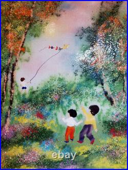LARGE Vintage Louis CARDIN Enamel on Copper Painting Children Kite 16 x 20 Image