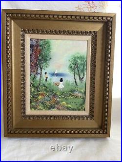 LOUIS CARDIN Enamel On Copper Two Children Watching a Boat by the Pond Signed