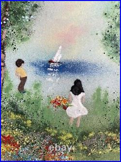 LOUIS CARDIN Enamel On Copper Two Children Watching a Boat by the Pond Signed