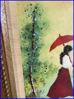 LOUIS CARDIN Enamel On Copper Woman with a Red Umbrella Signed Limited Edition