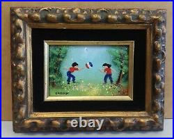 LOUIS CARDIN Enamel on copper painting CHILDREN PLAYING BALL Original art France