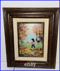 LOUIS CARDIN Signed ENAMEL ON Copper PAINTING FRAMED Girl Playing In Flower