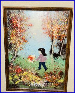 LOUIS CARDIN Signed ENAMEL ON Copper PAINTING FRAMED Girl Playing In Flower