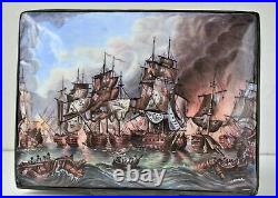 Large 19th C. 1805 Battle Of Trafalgar, English Enameled Box