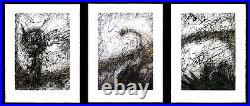 Large Abstract Glossy Enamel Black & Gold Drip Painting Triptych signed
