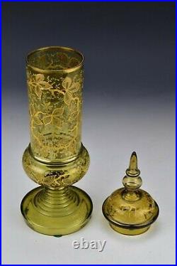 Large Antique Bohemian Art Glass Enamel Painted Pokal Covered Jar