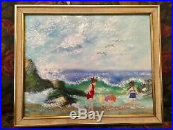 Large Enamel on Copper Painting by Jean Lucey Children at beach BEAUTIFUL