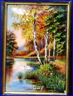 Large Limoges enamel on copper painting swan in river by BETOURNE