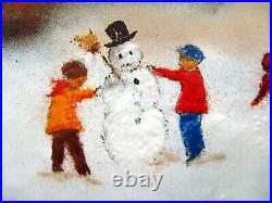 Large MAX KARP ORIGINAL Kids Making Snowman Signed Enamel on Copper Painting