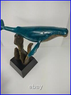 Large Metal Brass Painted Enamel Whale Sculpture 14 3/4 Tall