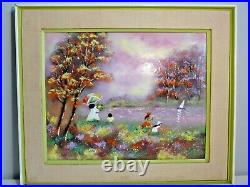 Large Vintage Enamel on Copper Painting Picking Flowers by the River Spring MCM