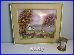Large Vintage Enamel on Copper Painting Picking Flowers by the River Spring MCM