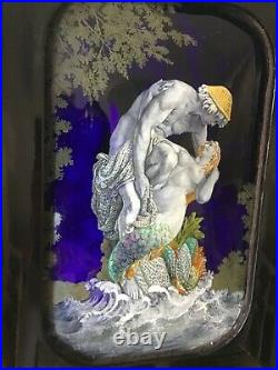 Large and outstanding antique enamel and copper erotic plaque