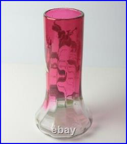 Legras / Mont Joye Cranberry to clear Art Glass Vase hand painted enamel Lilies