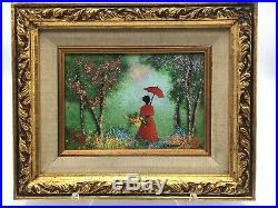 Listed Artist Louis Cardin Enamel Painting on Copper Colorful Garden Scene
