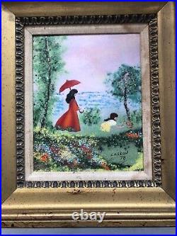 Louis Cardin 80 Enamel On Copper Mother and Child in Forest with Flowers-Signed