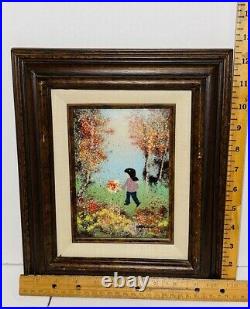 Louis Cardin Enamel On Copper Painting Framed Signed Cardin Girl Playing In Flow