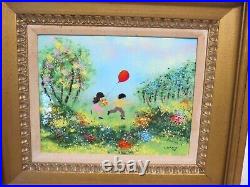 Louis Cardin Enamel on Copper Painting Signed Framed 1978 Children with Balloon