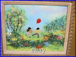 Louis Cardin Enamel on Copper Painting Signed Framed 1978 Children with Balloon