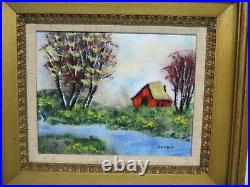Louis Cardin Enamel on Copper Painting Signed Framed House Beside a Stream A/P