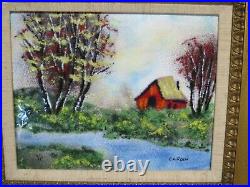 Louis Cardin Enamel on Copper Painting Signed Framed House Beside a Stream A/P