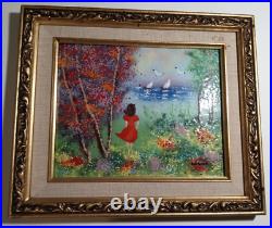Louis Cardin Painting Enamel on Copper French Painter 1980s Red Girl in Woods