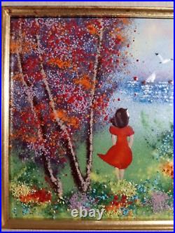 Louis Cardin Painting Enamel on Copper French Painter 1980s Red Girl in Woods