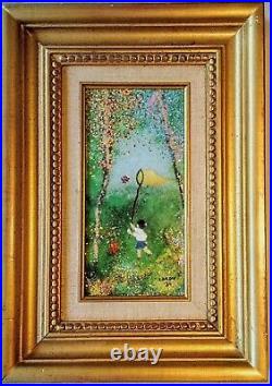 Louis Cardin Signed Art Enamel on Copper Painting Chasing the Butterfly
