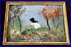 Louis Cardin Signed Enamel on Copper Framed Art Painting Girl In Flower Forest ^