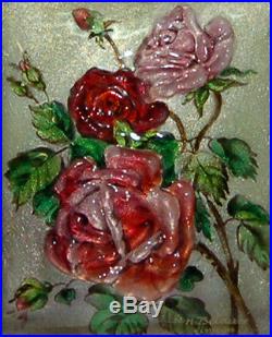 Lovely French C. 1900 Enamel Limoges Eternal Roses Flowers Betourne Painting