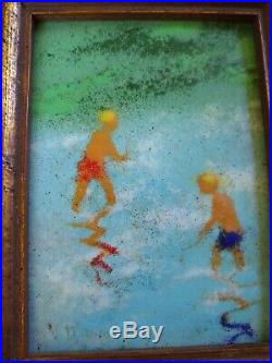 MAX KARP boys swimming Original enamel on copper MINT