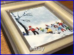 MAX KARP enamel painting / art. Signed. Winter Scene, Children & Snow