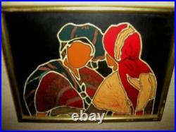 MID Century Abstract Painting Ethnic Women Tile Art Enamel Signed Linen Mat