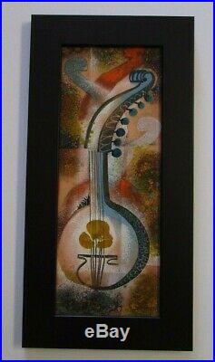 MID Century Modern Painting Enamel On Copper Abstract Musical Instrument 1960