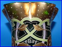 MONT JOYE HEAVY GOLD & ENAMEL MONUMENTAL Green SATIN ART GLASS HAND PAINTED VASE