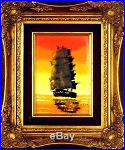 Magnificent ca. 1965 Enamel on Copper Tallship Seascape Painting withFrame Signed