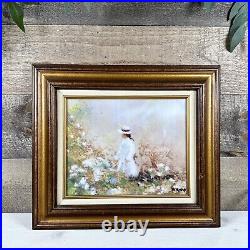 Max Karp Edwardian Girl in White Dress & Hat Enamel Over Copper Painting