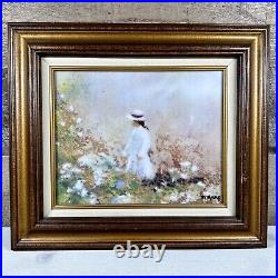 Max Karp Edwardian Girl in White Dress & Hat Enamel Over Copper Painting